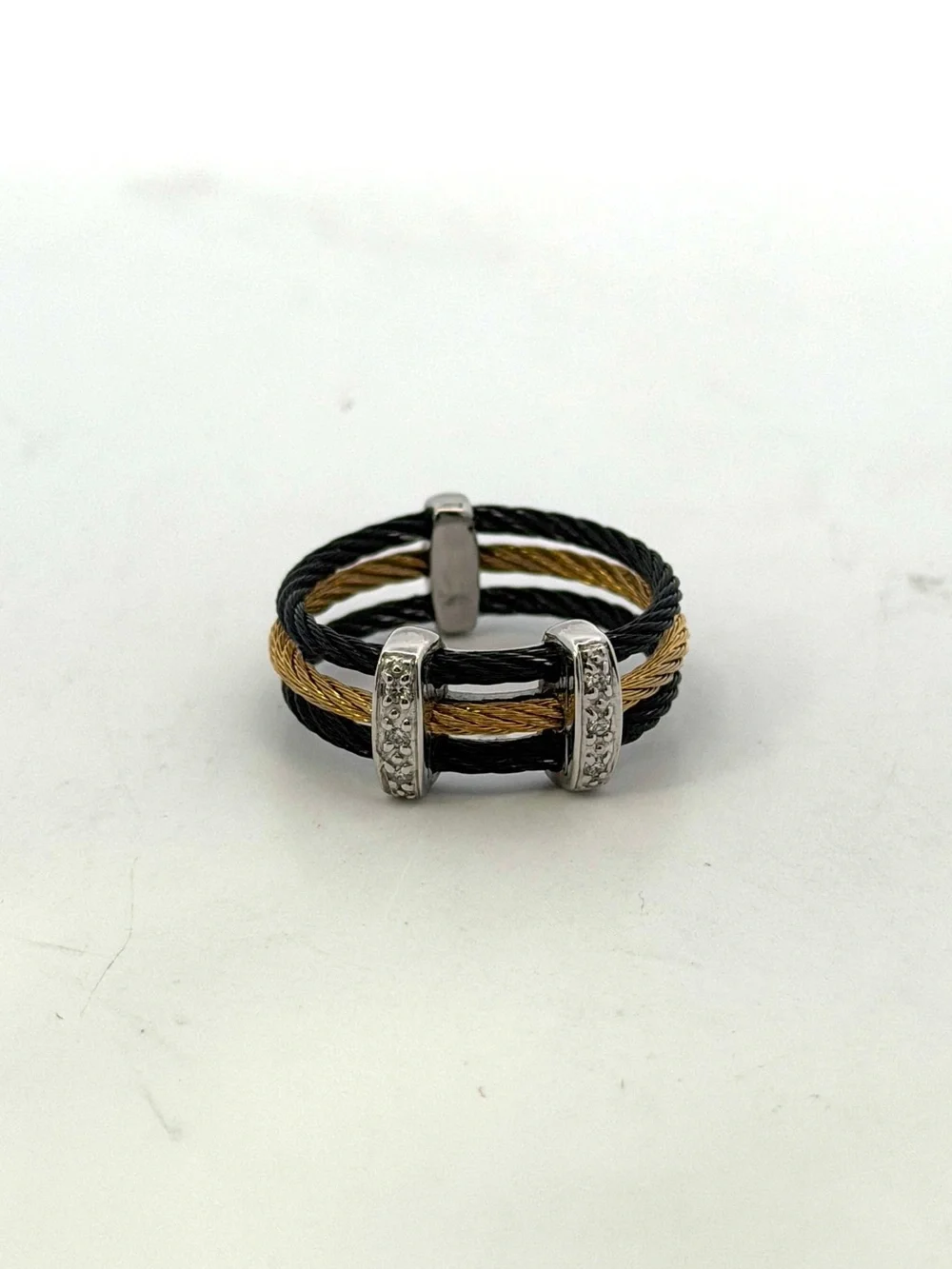 ALOR “Noir” Black & Yellow Stainless Steel Cable Ring size 6